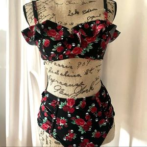 Hot Topic Roses and Skulls Swimsuit Bikini Top and Bottoms